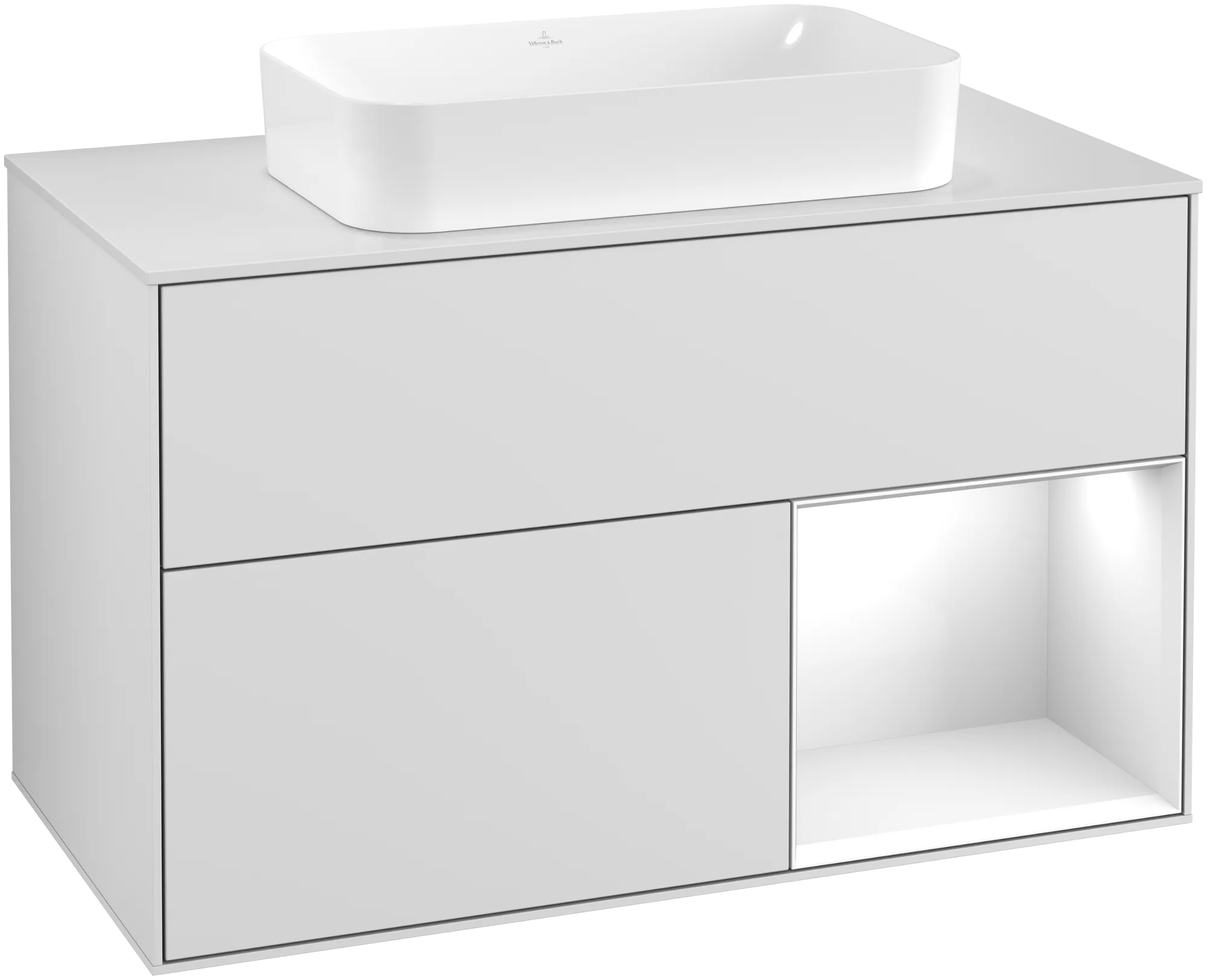 εικόνα του VILLEROY BOCH Finion Vanity unit, with lighting, 2 pull-out compartments, 1000 x 603 x 501 mm, White Matt Lacquer / Glossy White Lacquer / Glass White Matt #G251GFMT
