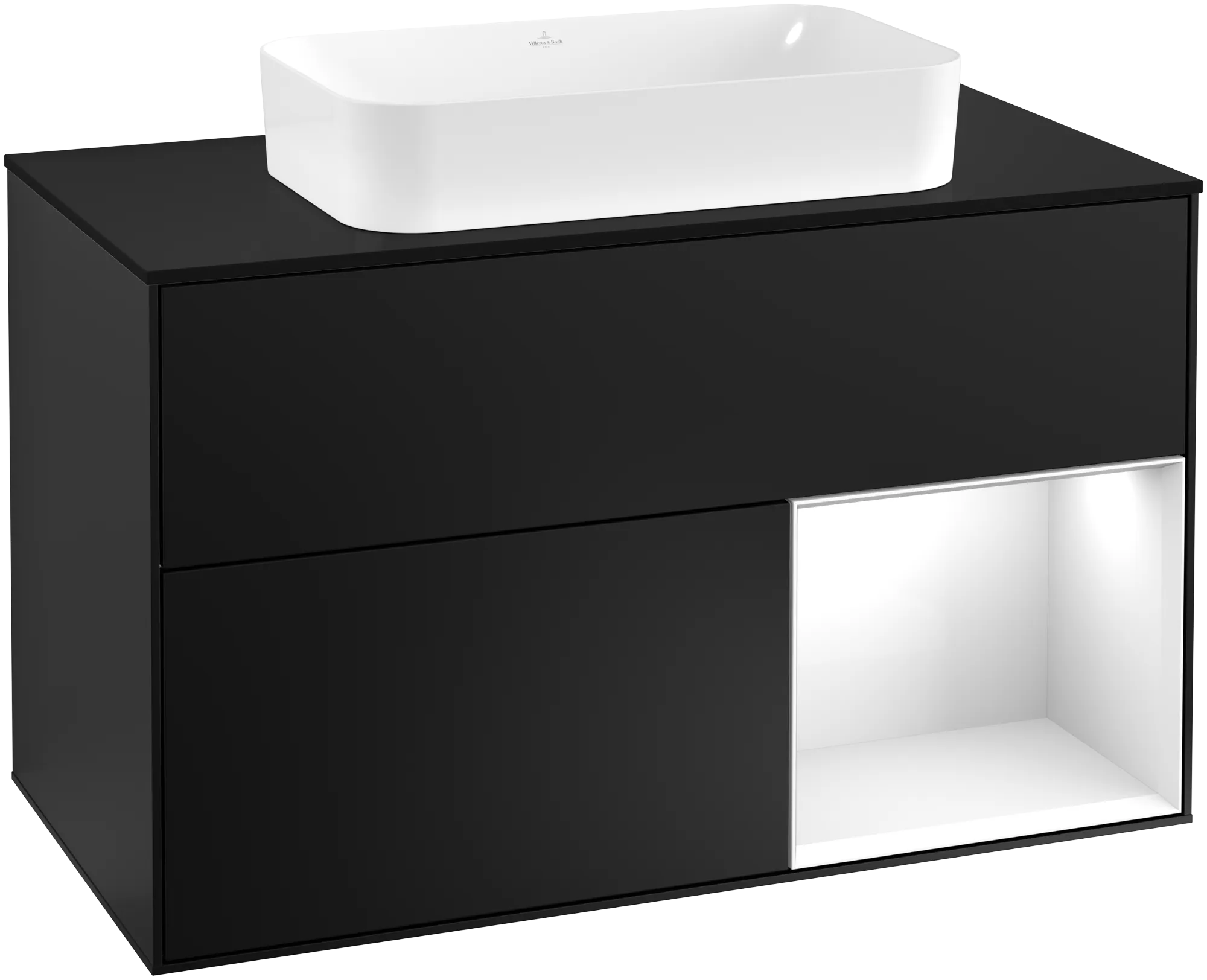 εικόνα του VILLEROY BOCH Finion Vanity unit, with lighting, 2 pull-out compartments, 1000 x 603 x 501 mm, Black Matt Lacquer / Glossy White Lacquer / Glass Black Matt #G252GFPD