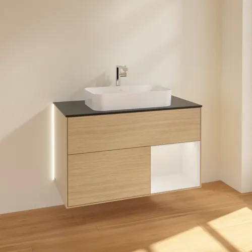 Bild von VILLEROY BOCH Finion Waschbeckenunterschrank, mit Beleuchtung, 2 Auszüge, 1000 x 603 x 501 mm, Oak Veneer / Glossy White Lacquer / Glass Black Matt #G252GFPC