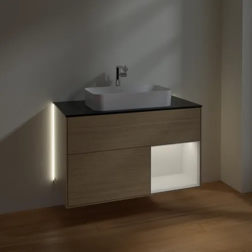 Bild von VILLEROY BOCH Finion Waschbeckenunterschrank, mit Beleuchtung, 2 Auszüge, 1000 x 603 x 501 mm, Oak Veneer / Glossy White Lacquer / Glass Black Matt #G252GFPC