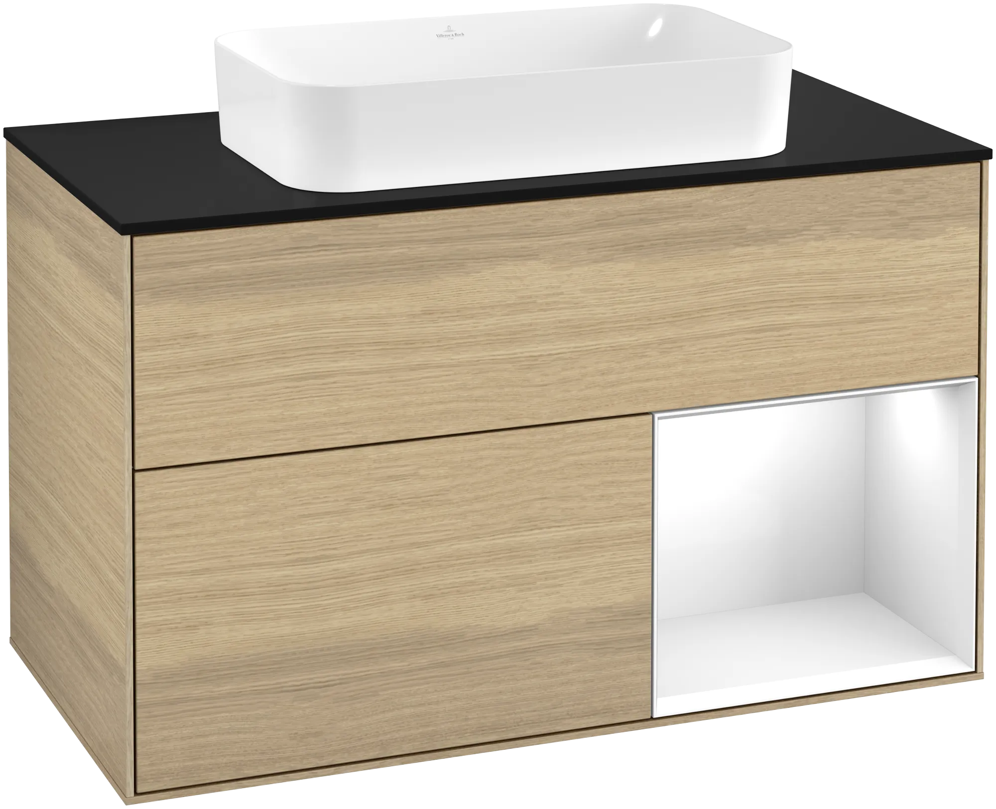 VILLEROY BOCH Finion Vanity unit, with lighting, 2 pull-out compartments, 1000 x 603 x 501 mm, Oak Veneer / Glossy White Lacquer / Glass Black Matt #G252GFPC resmi