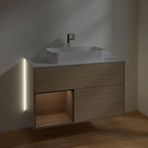 VILLEROY BOCH Finion Waschbeckenunterschrank, mit Beleuchtung, 2 Auszüge, 1000 x 603 x 501 mm, Oak Veneer / Walnut Veneer / Glass White Matt #G241GNPC, Bild 3