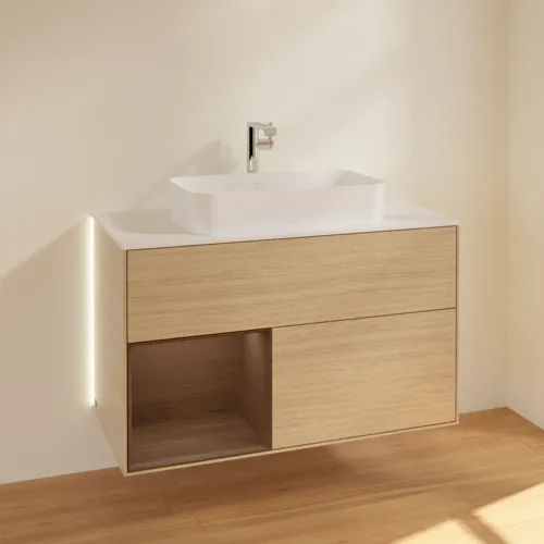 VILLEROY BOCH Finion Waschbeckenunterschrank, mit Beleuchtung, 2 Auszüge, 1000 x 603 x 501 mm, Oak Veneer / Walnut Veneer / Glass White Matt #G241GNPC, Bild 2