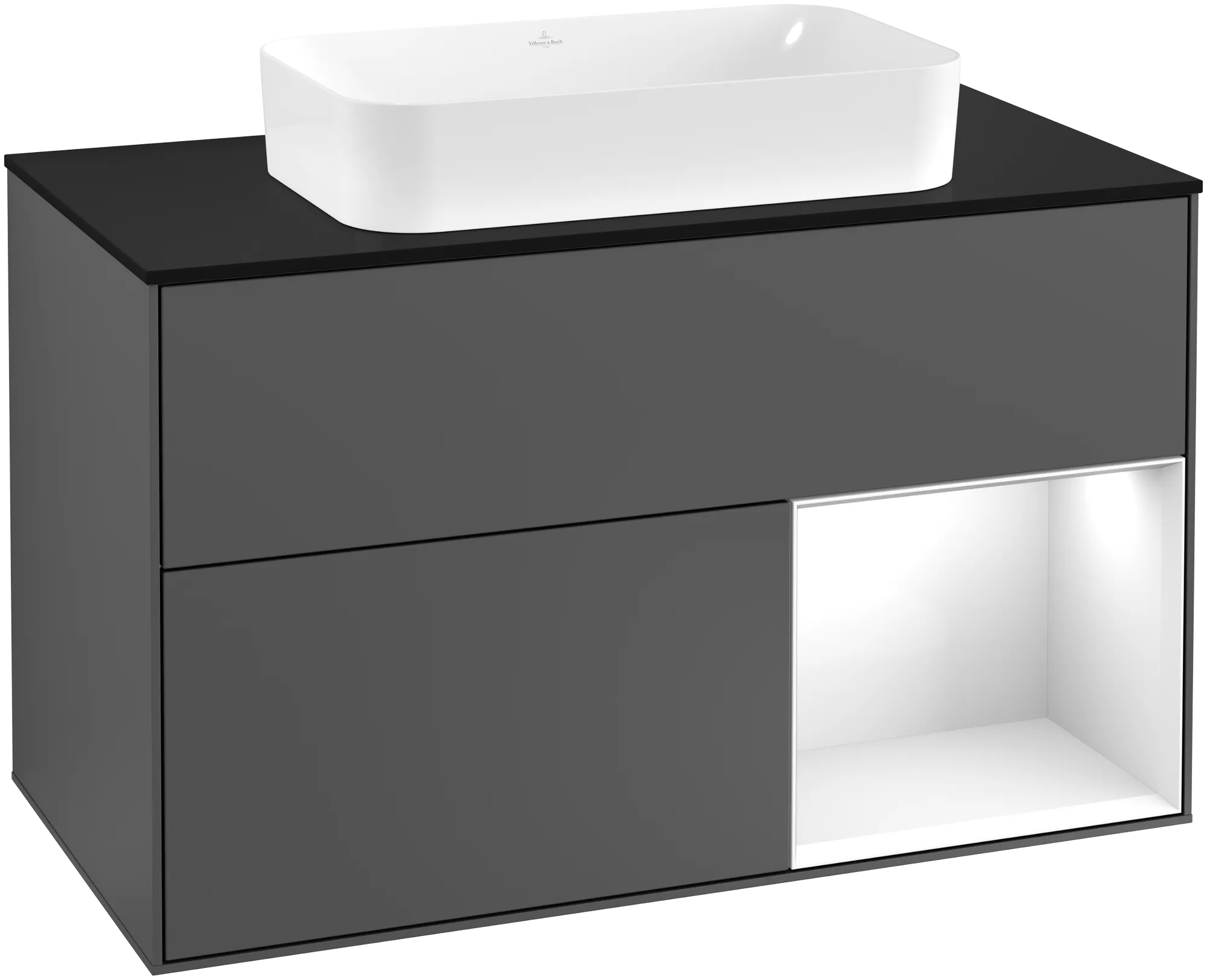 Зображення з  VILLEROY BOCH Finion Vanity unit, with lighting, 2 pull-out compartments, 1000 x 603 x 501 mm, Anthracite Matt Lacquer / Glossy White Lacquer / Glass Black Matt #G252GFGK