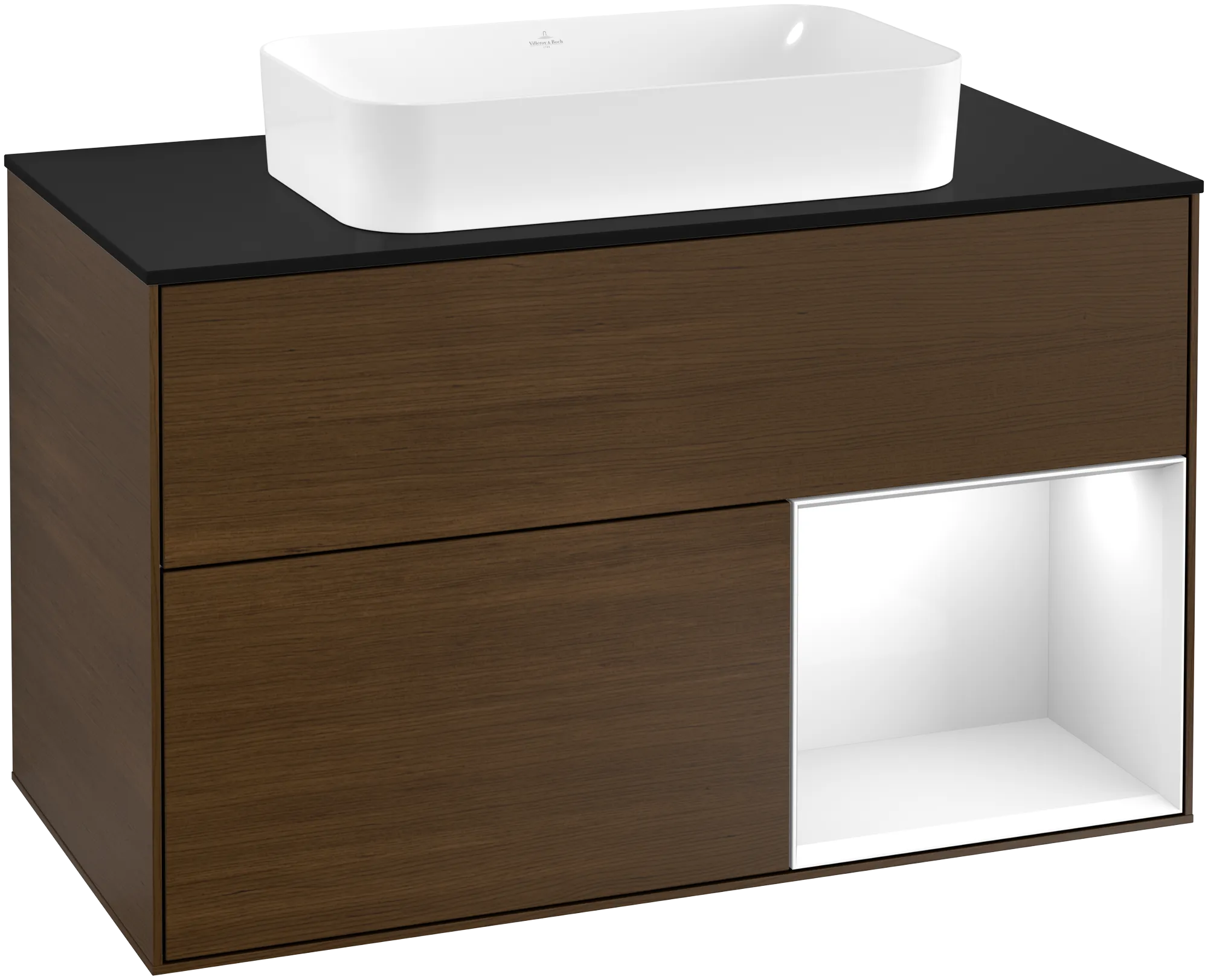 Picture of VILLEROY BOCH Finion Vanity unit, with lighting, 2 pull-out compartments, 1000 x 603 x 501 mm, Walnut Veneer / Glossy White Lacquer / Glass Black Matt #G252GFGN