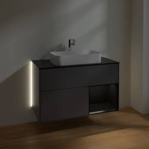 Bild von VILLEROY BOCH Finion Waschbeckenunterschrank, mit Beleuchtung, 2 Auszüge, 1000 x 603 x 501 mm, Anthracite Matt Lacquer / Black Matt Lacquer / Glass Black Matt #G252PDGK