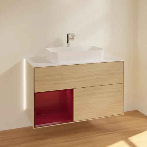 Bild von VILLEROY BOCH Finion Waschbeckenunterschrank, mit Beleuchtung, 2 Auszüge, 1000 x 603 x 501 mm, Oak Veneer / Peony Matt Lacquer / Glass White Matt #G241HBPC