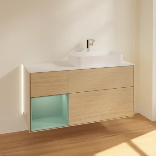 Obrázek VILLEROY BOCH Finion Vanity unit, with lighting, 3 pull-out compartments, 1200 x 603 x 501 mm, Oak Veneer / Olive Matt Lacquer / Glass White Matt #G271GMPC