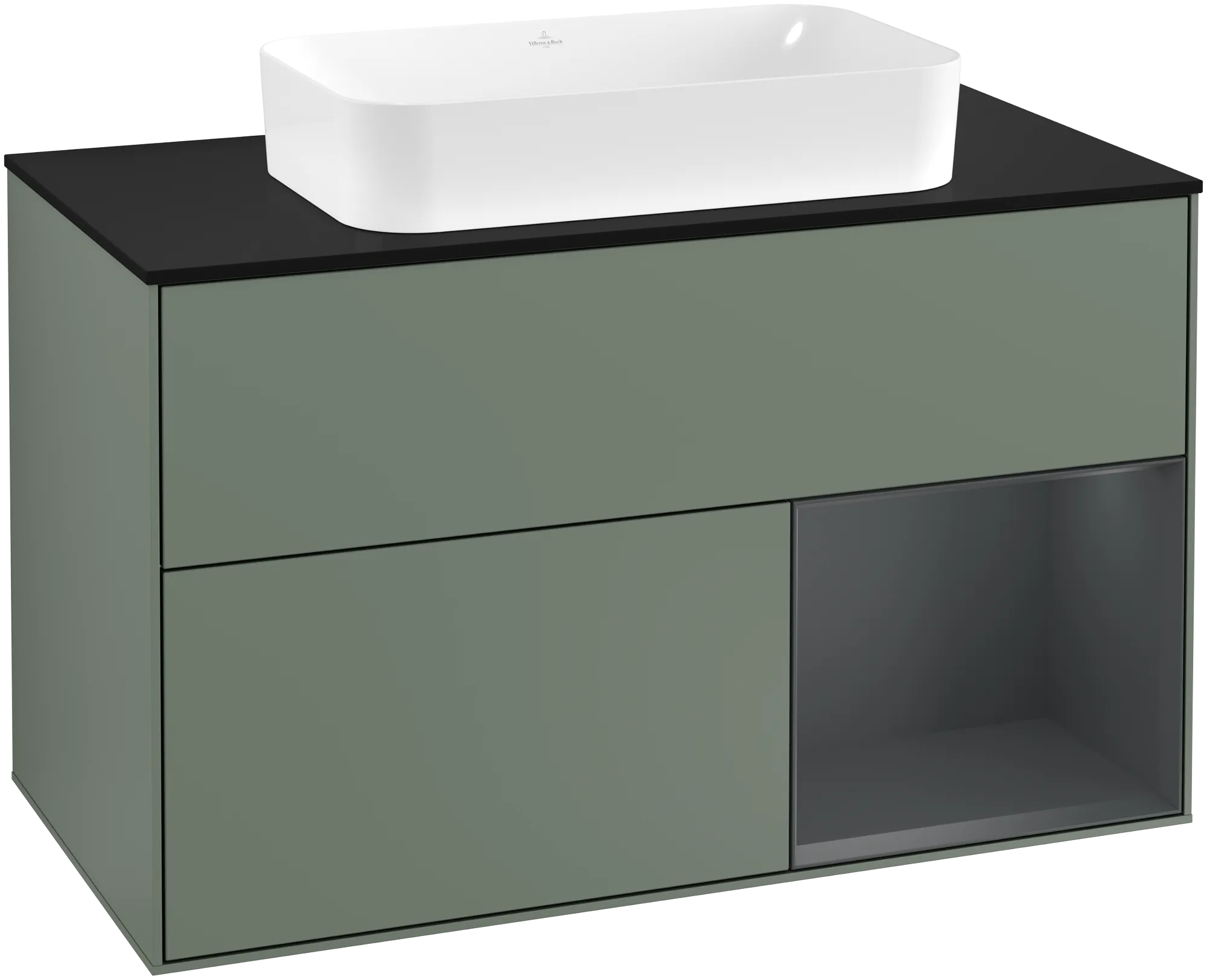 Picture of VILLEROY BOCH Finion Vanity unit, with lighting, 2 pull-out compartments, 1000 x 603 x 501 mm, Olive Matt Lacquer / Midnight Blue Matt Lacquer / Glass Black Matt #G252HGGM