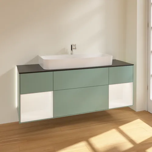 Bild von VILLEROY BOCH Finion Waschbeckenunterschrank, mit Beleuchtung, 4 Auszüge, 1600 x 603 x 501 mm, Olive Matt Lacquer / White Matt Lacquer / Glass Black Matt #G212MTGM