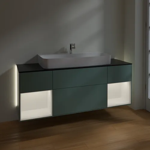 Bild von VILLEROY BOCH Finion Waschbeckenunterschrank, mit Beleuchtung, 4 Auszüge, 1600 x 603 x 501 mm, Olive Matt Lacquer / White Matt Lacquer / Glass Black Matt #G212MTGM