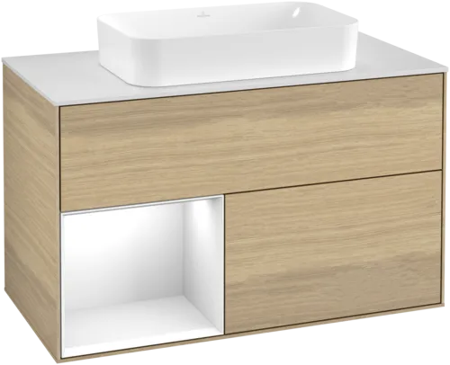 Picture of VILLEROY BOCH Finion Vanity unit, with lighting, 2 pull-out compartments, 1000 x 603 x 501 mm, Oak Veneer / Glossy White Lacquer / Glass White Matt #G241GFPC
