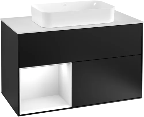 Picture of VILLEROY BOCH Finion Vanity unit, with lighting, 2 pull-out compartments, 1000 x 603 x 501 mm, Black Matt Lacquer / Glossy White Lacquer / Glass White Matt #G241GFPD