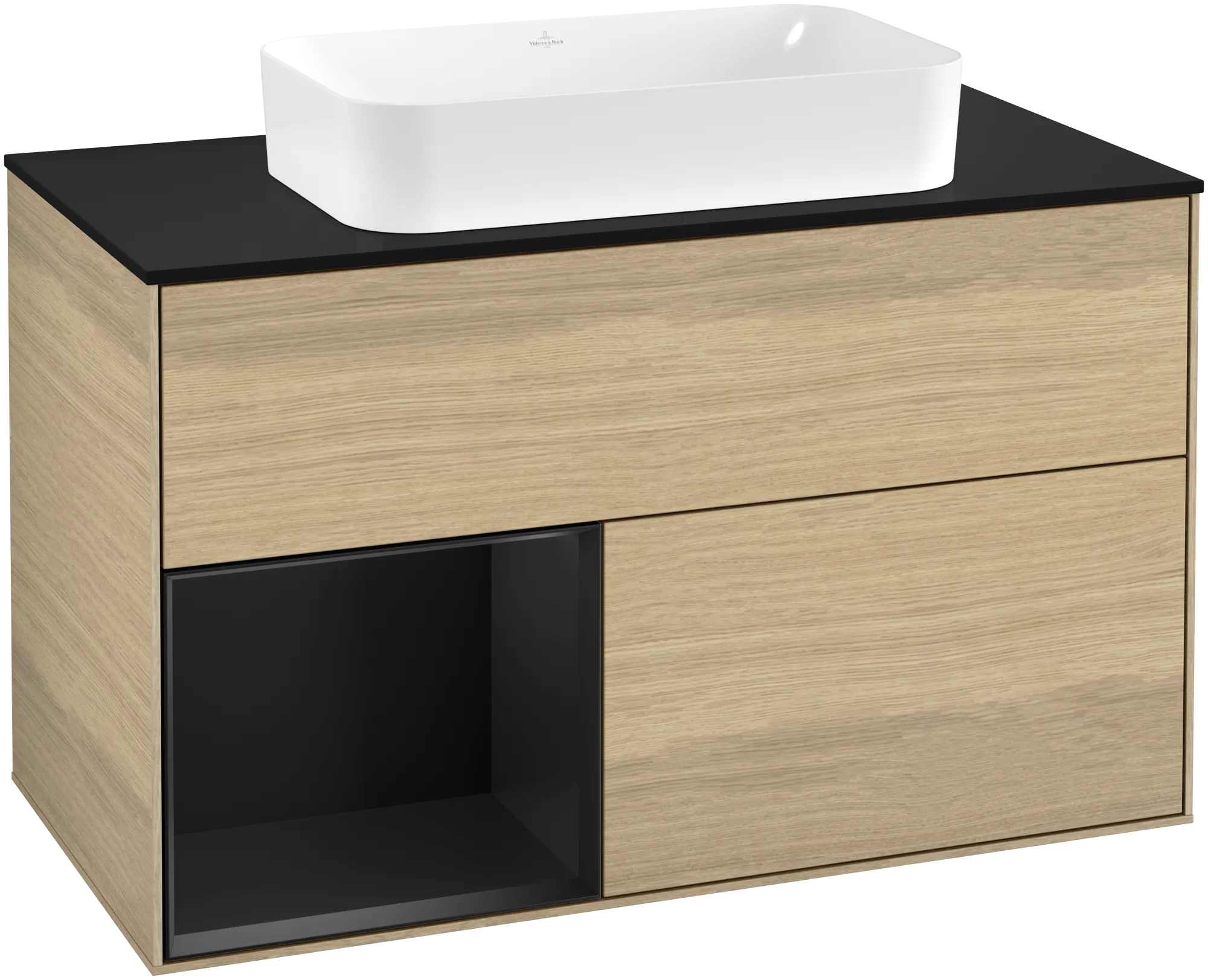Picture of VILLEROY BOCH Finion Vanity unit, with lighting, 2 pull-out compartments, 1000 x 603 x 501 mm, Oak Veneer / Black Matt Lacquer / Glass Black Matt #G242PDPC