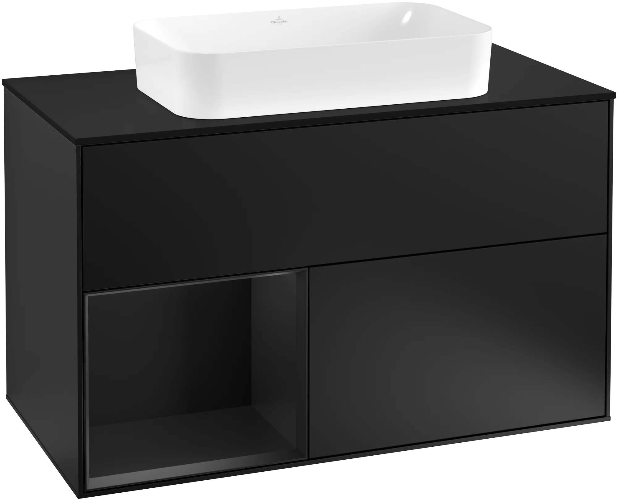 Picture of VILLEROY BOCH Finion Vanity unit, with lighting, 2 pull-out compartments, 1000 x 603 x 501 mm, Black Matt Lacquer / Black Matt Lacquer / Glass Black Matt #G242PDPD