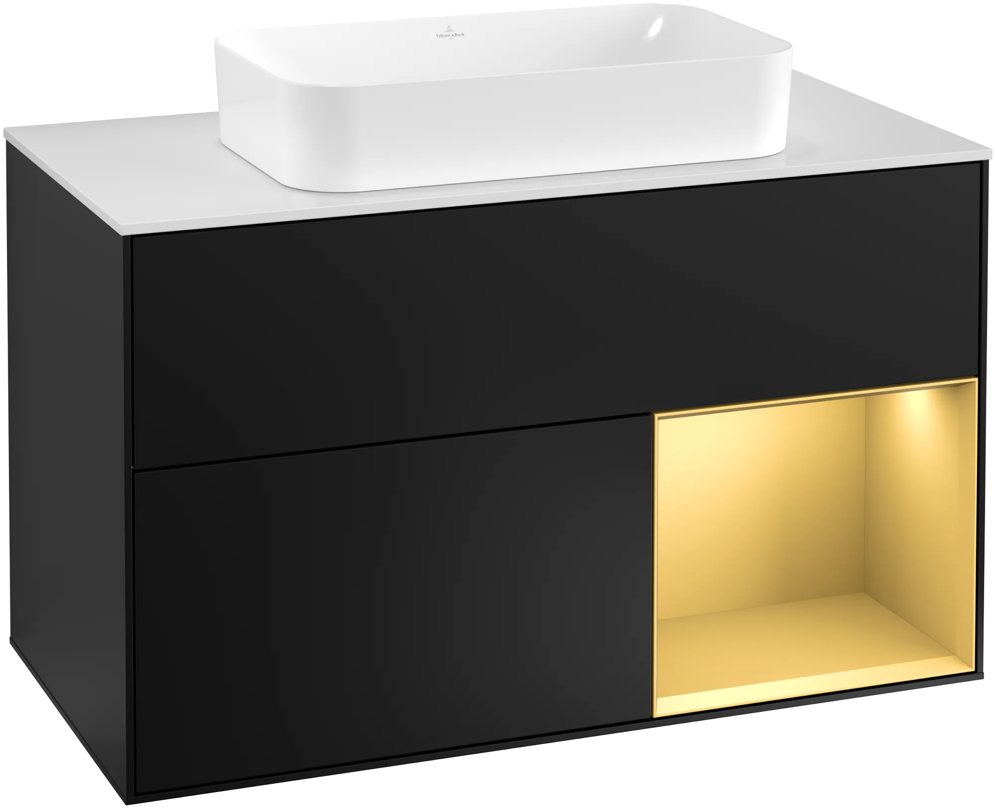 Picture of VILLEROY BOCH Finion Vanity unit, with lighting, 2 pull-out compartments, 1000 x 603 x 501 mm, Black Matt Lacquer / Gold Matt Lacquer / Glass White Matt #G251HFPD