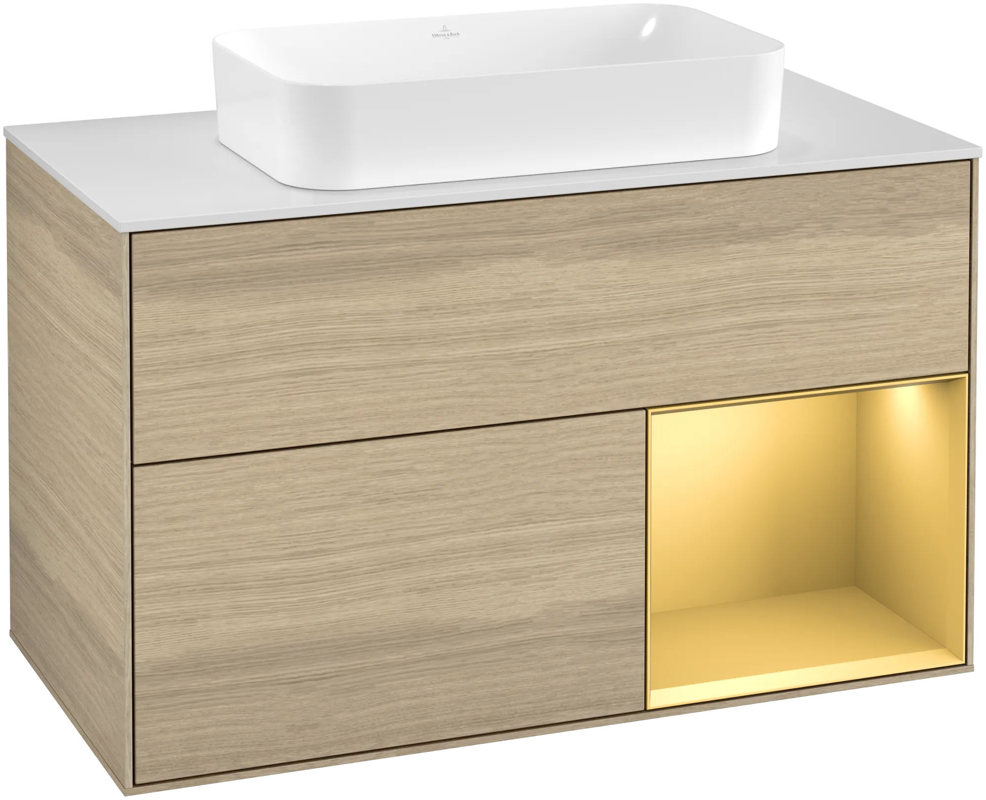 Picture of VILLEROY BOCH Finion Vanity unit, with lighting, 2 pull-out compartments, 1000 x 603 x 501 mm, Oak Veneer / Gold Matt Lacquer / Glass White Matt #G251HFPC