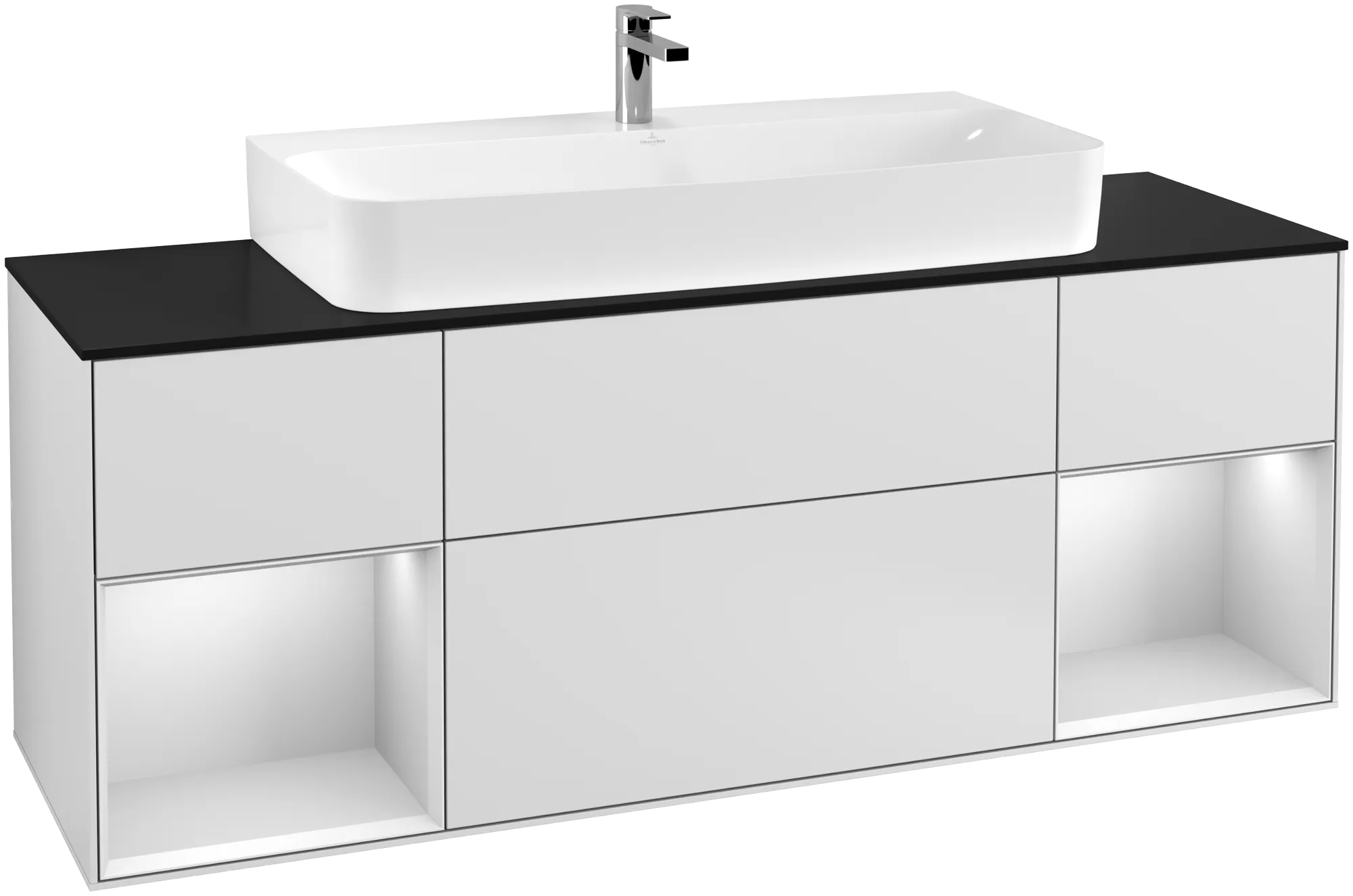 Picture of VILLEROY BOCH Finion Vanity unit, with lighting, 4 pull-out compartments, 1600 x 603 x 501 mm, White Matt Lacquer / White Matt Lacquer / Glass Black Matt #G212MTMT