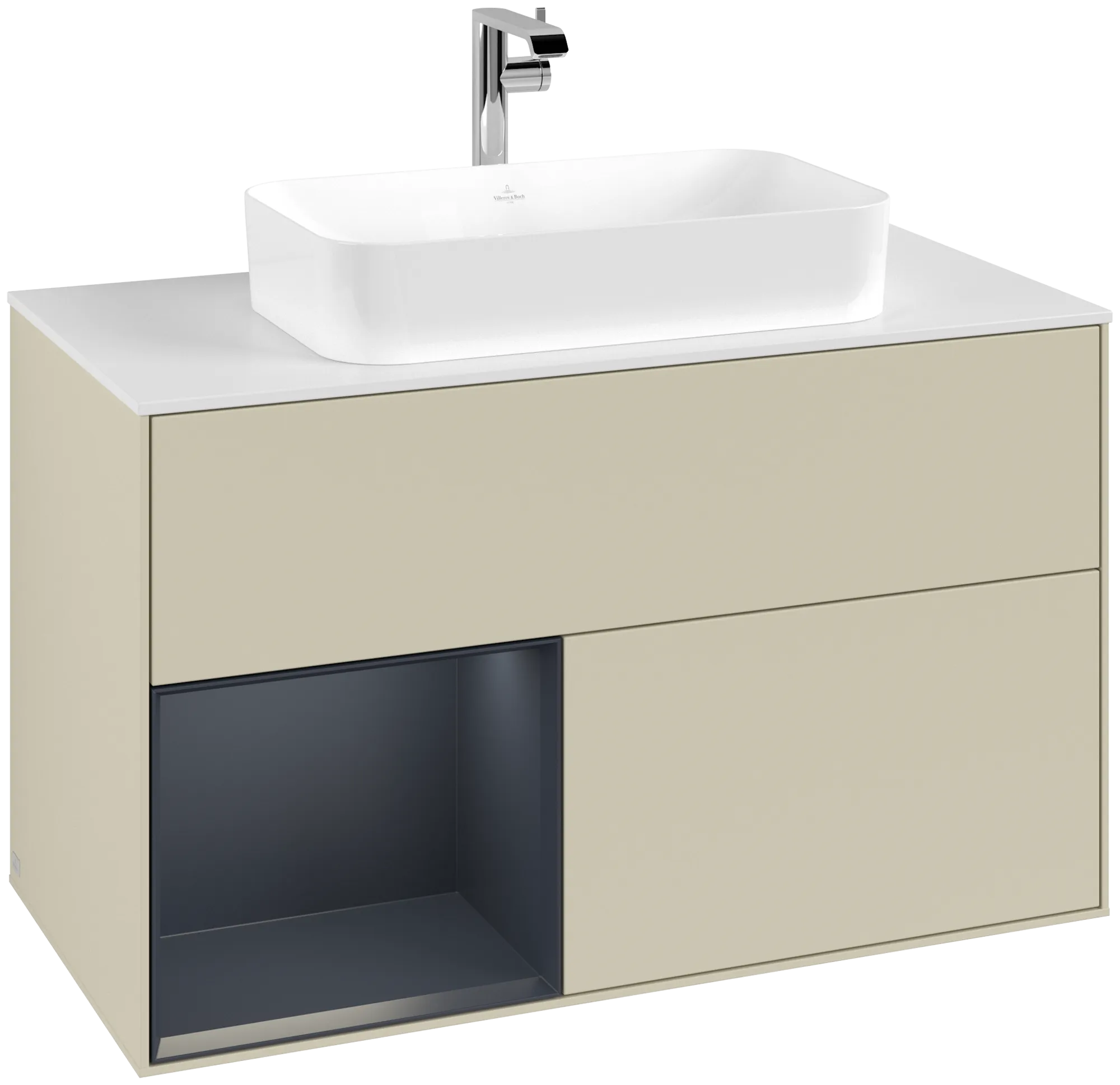 Picture of VILLEROY BOCH Finion Vanity unit, with lighting, 2 pull-out compartments, 1000 x 603 x 501 mm, Silk Grey Matt Lacquer / Midnight Blue Matt Lacquer / Glass White Matt #G241HGHJ