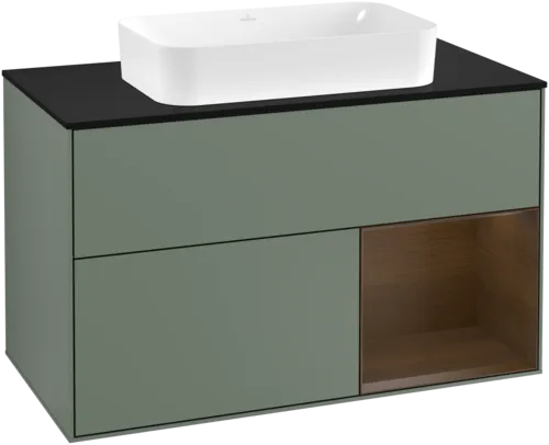 Picture of VILLEROY BOCH Finion Vanity unit, with lighting, 2 pull-out compartments, 1000 x 603 x 501 mm, Olive Matt Lacquer / Walnut Veneer / Glass Black Matt #G252GNGM