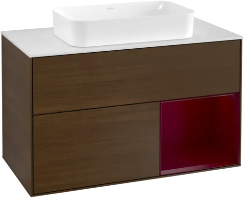 Picture of VILLEROY BOCH Finion Vanity unit, with lighting, 2 pull-out compartments, 1000 x 603 x 501 mm, Walnut Veneer / Peony Matt Lacquer / Glass White Matt #G251HBGN