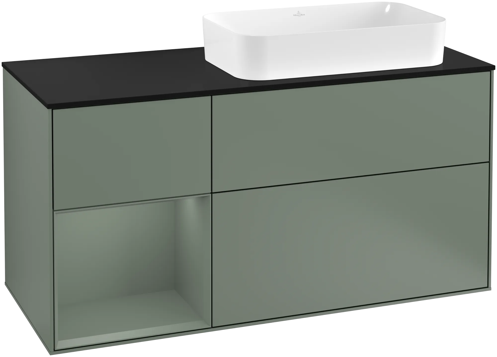 Picture of VILLEROY BOCH Finion Vanity unit, with lighting, 3 pull-out compartments, 1200 x 603 x 501 mm, Olive Matt Lacquer / Olive Matt Lacquer / Glass Black Matt #G272GMGM