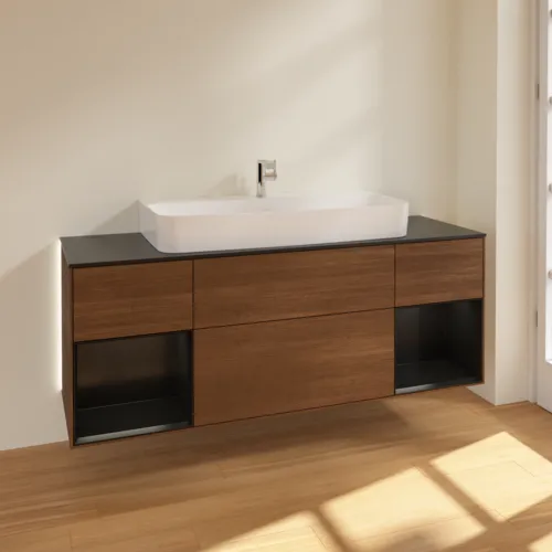 VILLEROY BOCH Finion Waschbeckenunterschrank, mit Beleuchtung, 4 Auszüge, 1600 x 603 x 501 mm, Walnut Veneer / Black Matt Lacquer / Glass Black Matt #G212PDGN, Bild 2