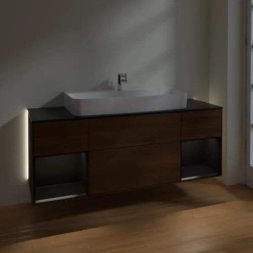 VILLEROY BOCH Finion Waschbeckenunterschrank, mit Beleuchtung, 4 Auszüge, 1600 x 603 x 501 mm, Walnut Veneer / Black Matt Lacquer / Glass Black Matt #G212PDGN, Bild 3