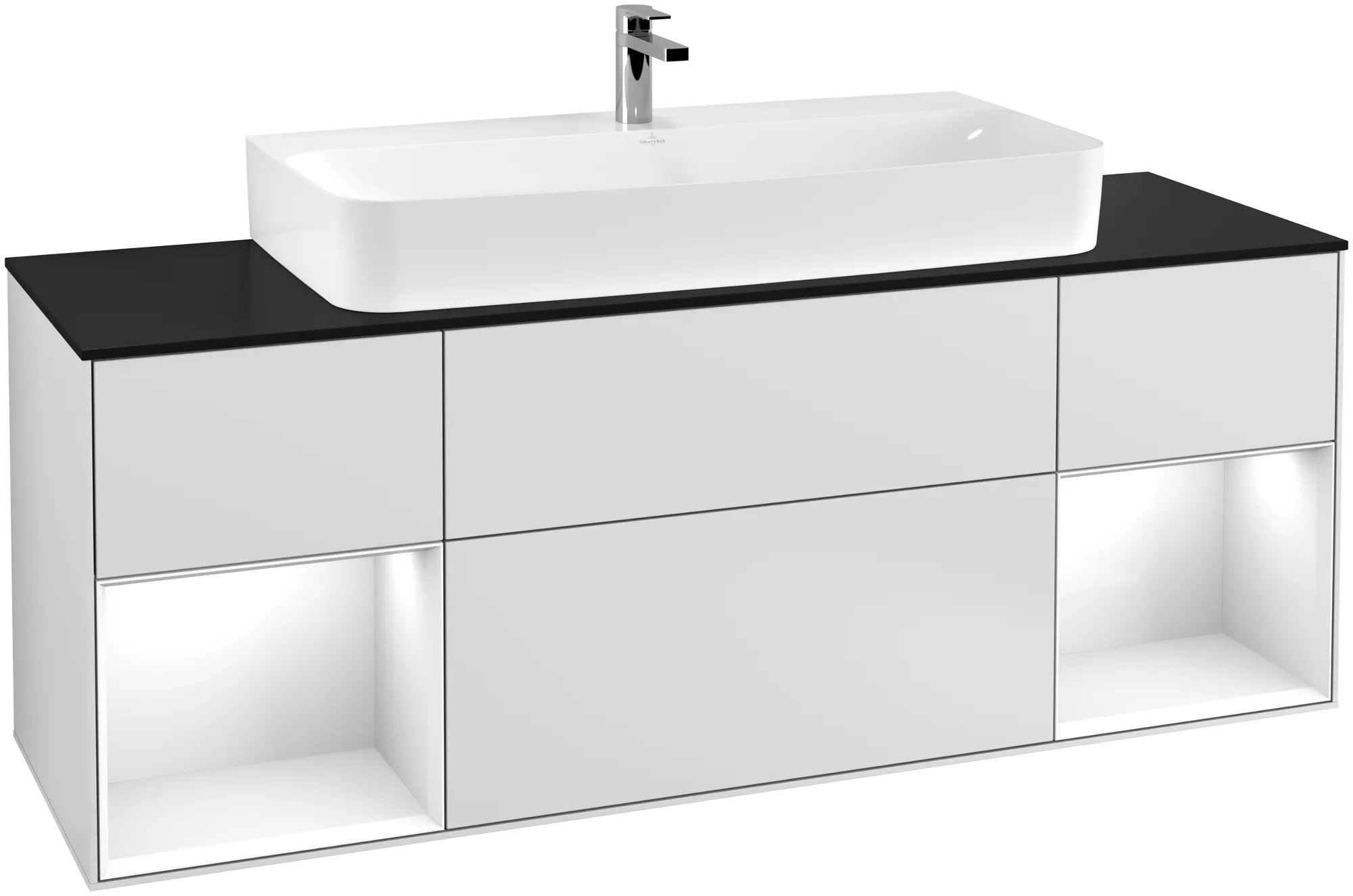 VILLEROY BOCH Finion Vanity unit, with lighting, 4 pull-out compartments, 1600 x 603 x 501 mm, White Matt Lacquer / Glossy White Lacquer / Glass Black Matt #G212GFMT resmi