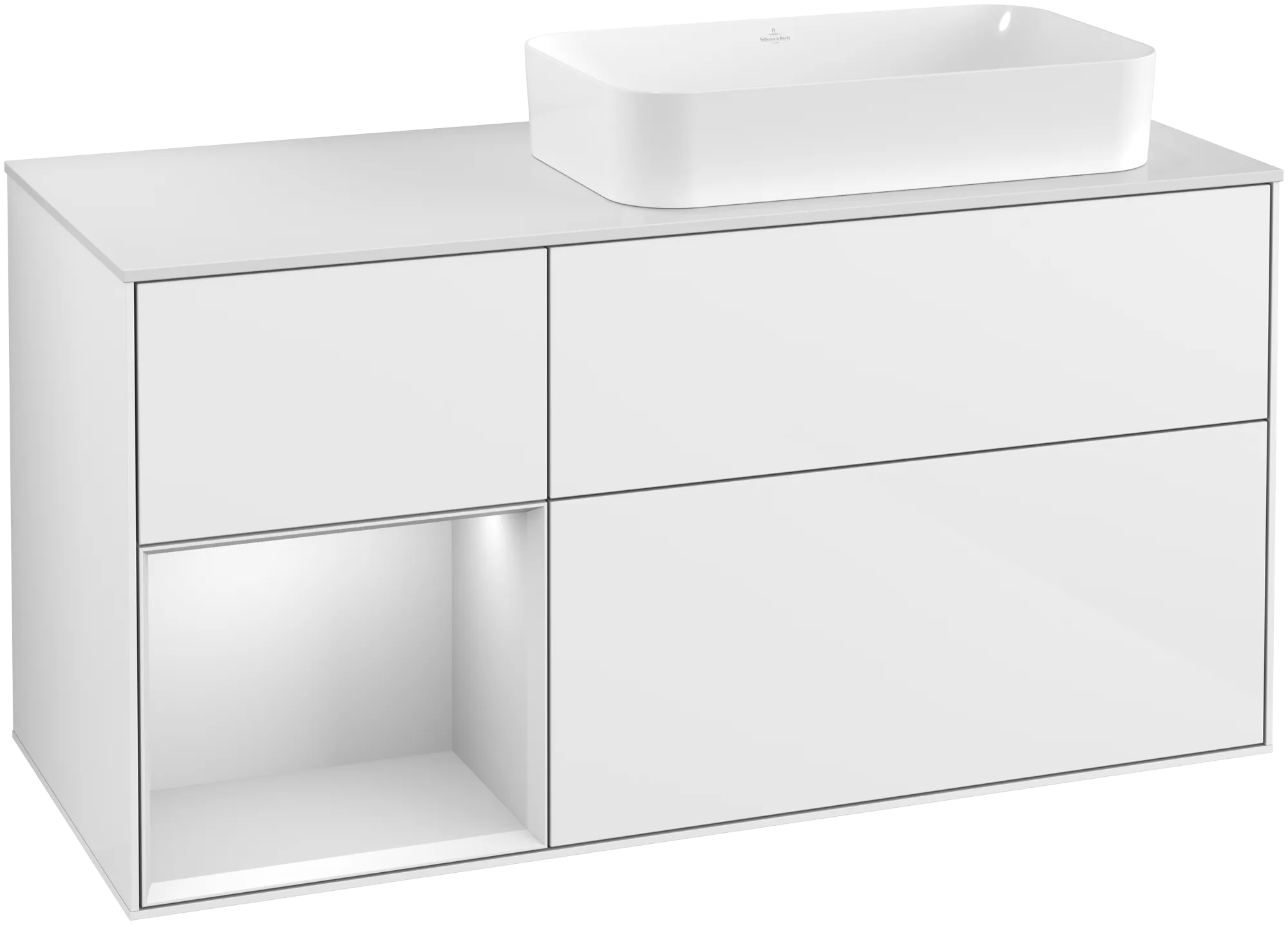 Obrázek VILLEROY BOCH Finion Vanity unit, with lighting, 3 pull-out compartments, 1200 x 603 x 501 mm, Glossy White Lacquer / White Matt Lacquer / Glass White Matt #G271MTGF