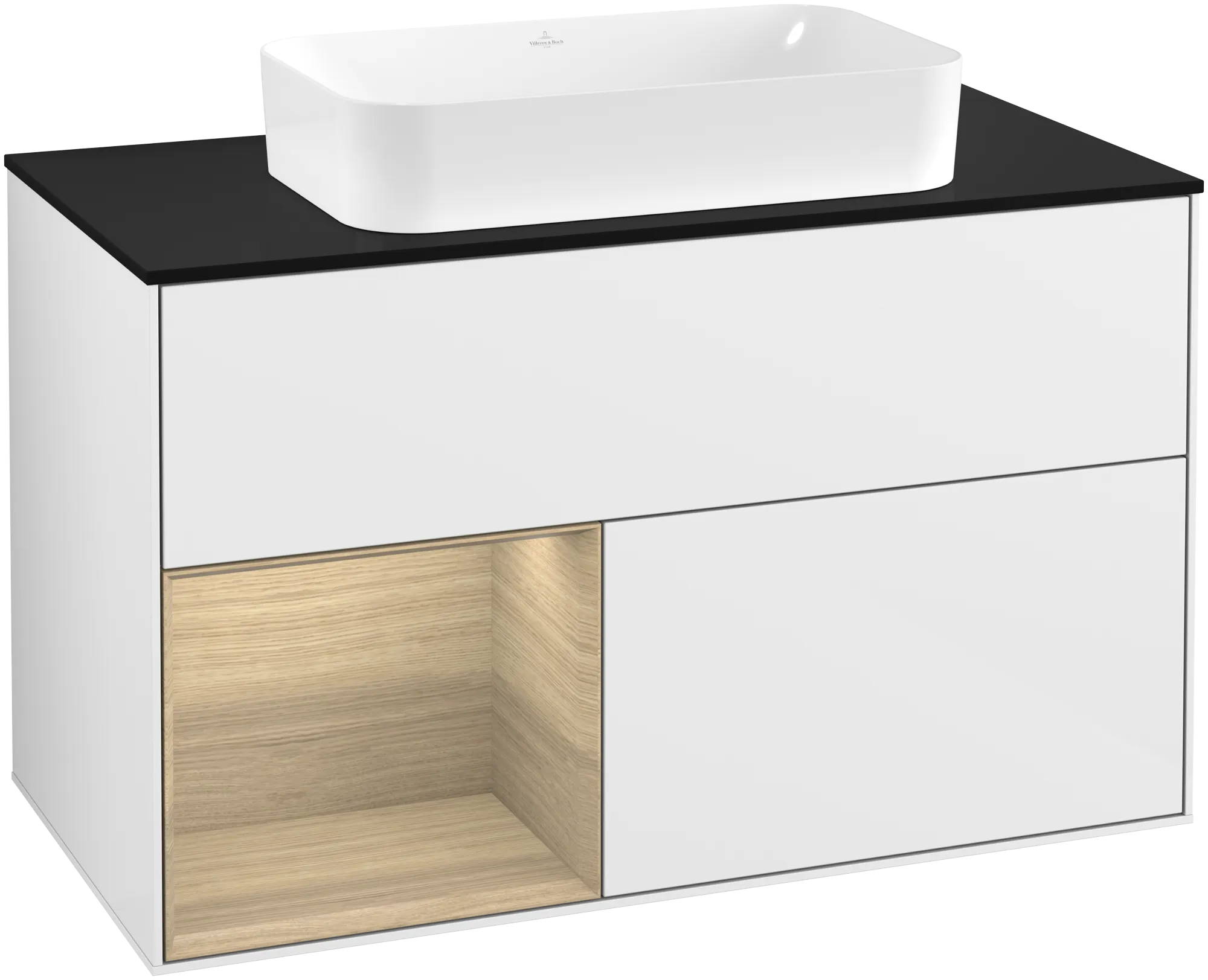 Obrázek VILLEROY BOCH Finion Vanity unit, with lighting, 2 pull-out compartments, 1000 x 603 x 501 mm, Glossy White Lacquer / Oak Veneer / Glass Black Matt #G242PCGF