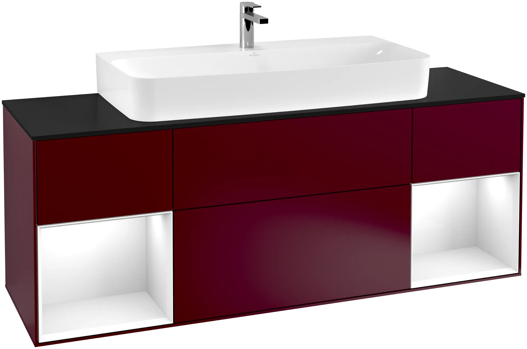 Obrázek VILLEROY BOCH Finion Vanity unit, with lighting, 4 pull-out compartments, 1600 x 603 x 501 mm, Peony Matt Lacquer / Glossy White Lacquer / Glass Black Matt #G212GFHB