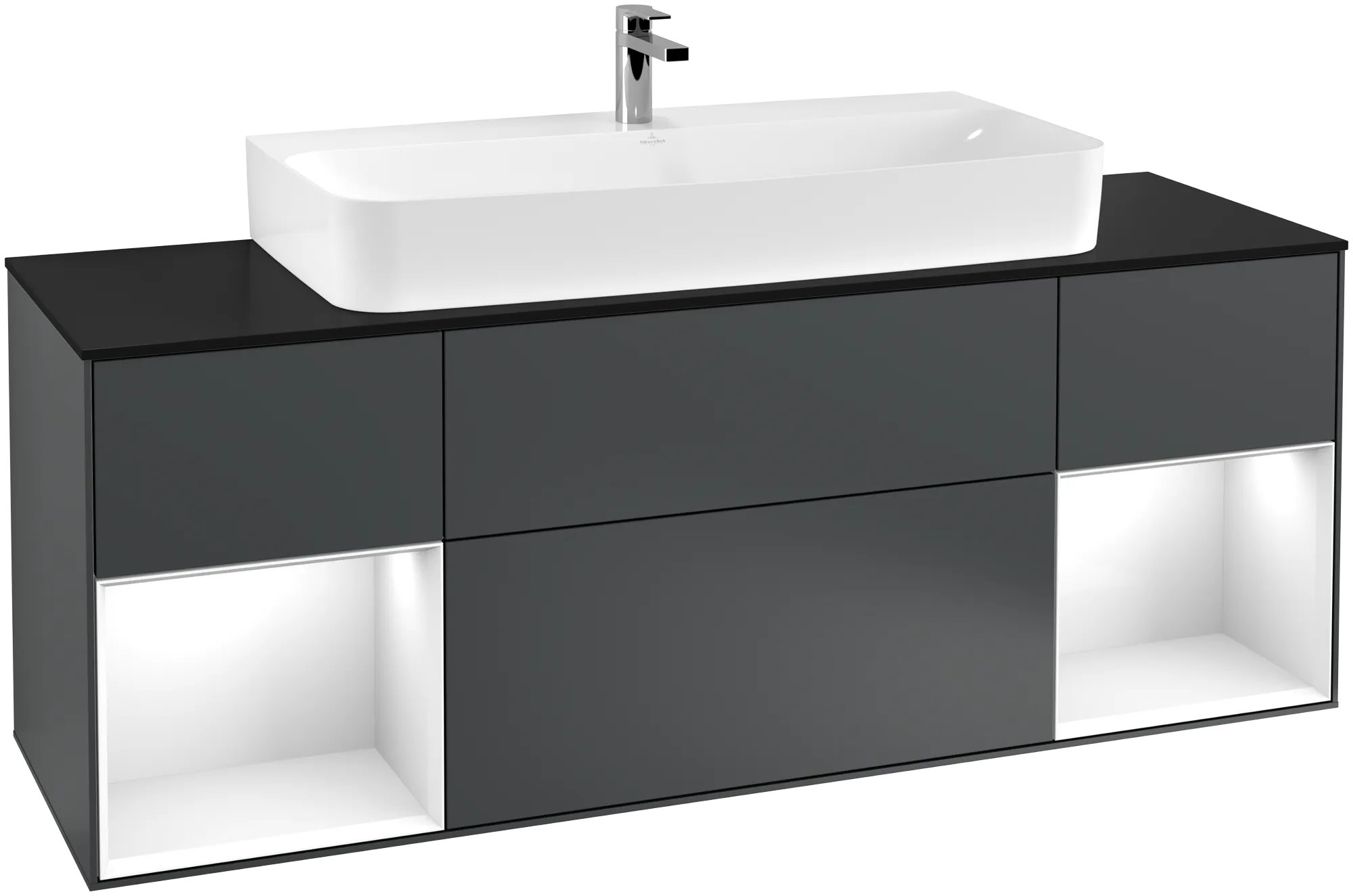 VILLEROY BOCH Finion Vanity unit, with lighting, 4 pull-out compartments, 1600 x 603 x 501 mm, Midnight Blue Matt Lacquer / Glossy White Lacquer / Glass Black Matt #G212GFHG resmi