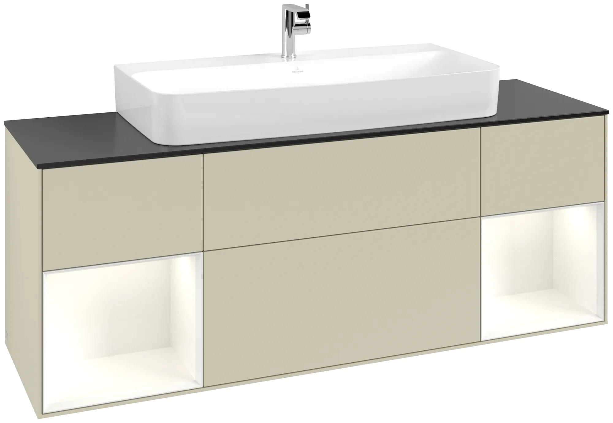 VILLEROY BOCH Finion Vanity unit, with lighting, 4 pull-out compartments, 1600 x 603 x 501 mm, Silk Grey Matt Lacquer / Glossy White Lacquer / Glass Black Matt #G212GFHJ resmi