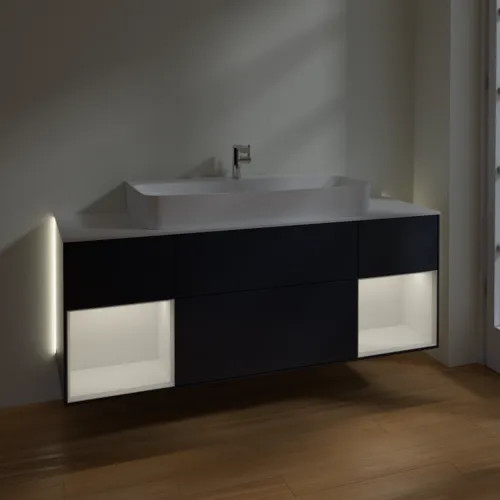 Bild von VILLEROY BOCH Finion Waschbeckenunterschrank, mit Beleuchtung, 4 Auszüge, 1600 x 603 x 501 mm, Midnight Blue Matt Lacquer / Glossy White Lacquer / Glass White Matt #G211GFHG