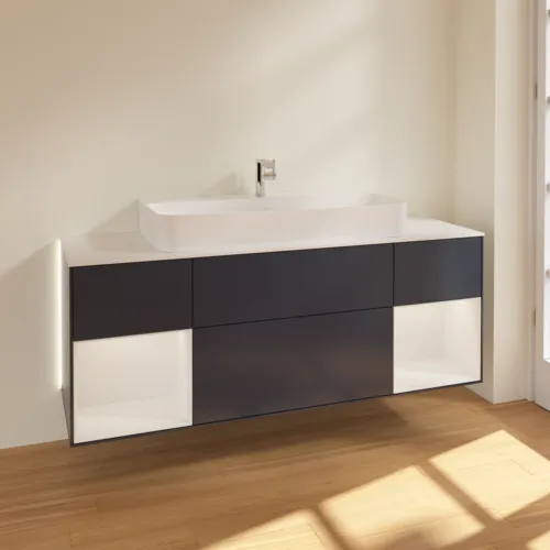 Bild von VILLEROY BOCH Finion Waschbeckenunterschrank, mit Beleuchtung, 4 Auszüge, 1600 x 603 x 501 mm, Midnight Blue Matt Lacquer / Glossy White Lacquer / Glass White Matt #G211GFHG