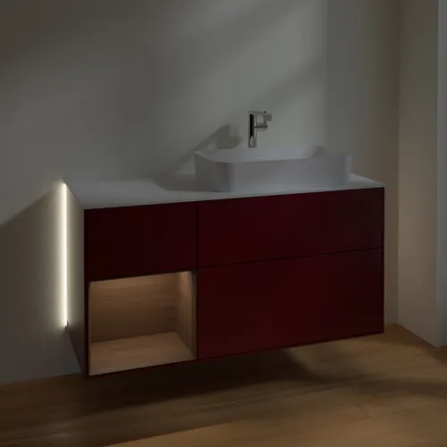 Bild von VILLEROY BOCH Finion Waschbeckenunterschrank, mit Beleuchtung, 3 Auszüge, 1200 x 603 x 501 mm, Peony Matt Lacquer / Walnut Veneer / Glass White Matt #G271GNHB