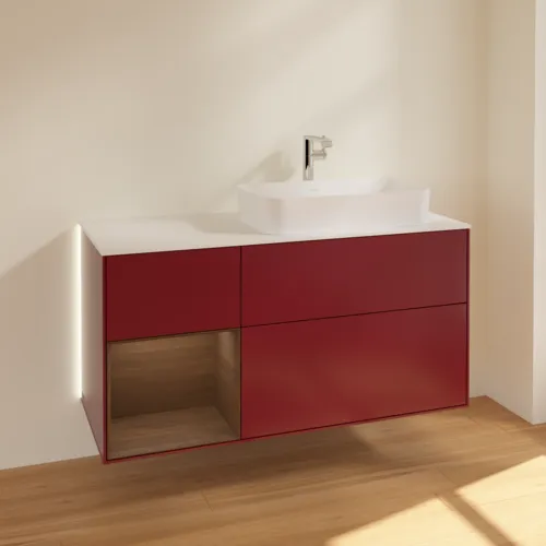 Bild von VILLEROY BOCH Finion Waschbeckenunterschrank, mit Beleuchtung, 3 Auszüge, 1200 x 603 x 501 mm, Peony Matt Lacquer / Walnut Veneer / Glass White Matt #G271GNHB