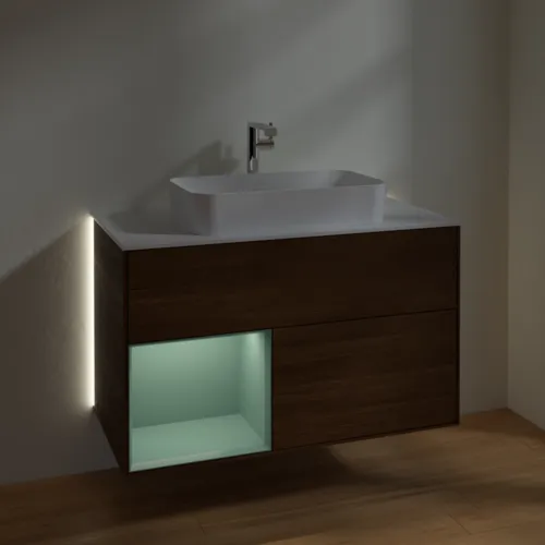 Bild von VILLEROY BOCH Finion Waschbeckenunterschrank, mit Beleuchtung, 2 Auszüge, 1000 x 603 x 501 mm, Walnut Veneer / Olive Matt Lacquer / Glass White Matt #G241GMGN