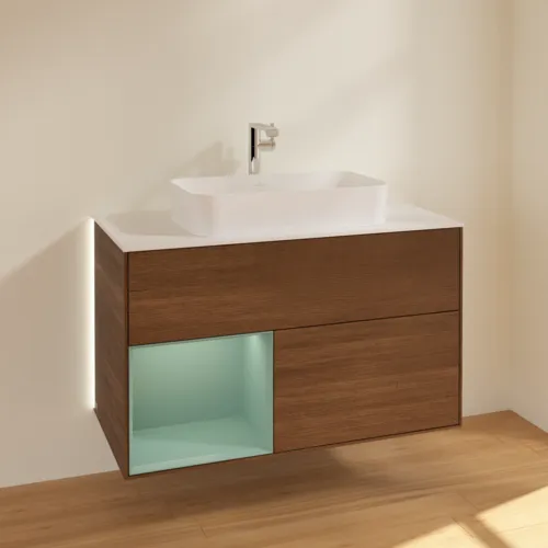 Bild von VILLEROY BOCH Finion Waschbeckenunterschrank, mit Beleuchtung, 2 Auszüge, 1000 x 603 x 501 mm, Walnut Veneer / Olive Matt Lacquer / Glass White Matt #G241GMGN