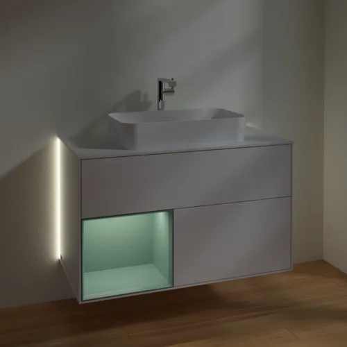 Bild von VILLEROY BOCH Finion Waschbeckenunterschrank, mit Beleuchtung, 2 Auszüge, 1000 x 603 x 501 mm, Glossy White Lacquer / Olive Matt Lacquer / Glass White Matt #G241GMGF