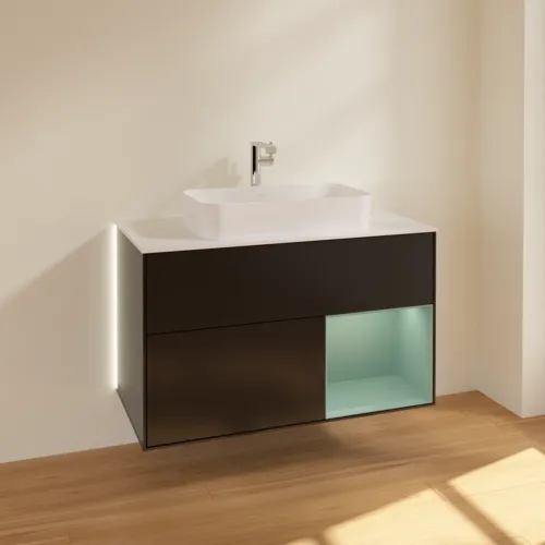Bild von VILLEROY BOCH Finion Waschbeckenunterschrank, mit Beleuchtung, 2 Auszüge, 1000 x 603 x 501 mm, Black Matt Lacquer / Olive Matt Lacquer / Glass White Matt #G251GMPD