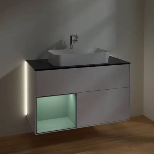 Bild von VILLEROY BOCH Finion Waschbeckenunterschrank, mit Beleuchtung, 2 Auszüge, 1000 x 603 x 501 mm, Glossy White Lacquer / Olive Matt Lacquer / Glass Black Matt #G242GMGF