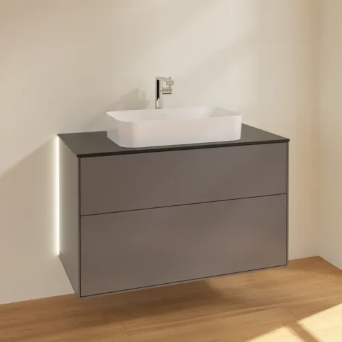 Bild von VILLEROY BOCH Finion Waschbeckenunterschrank, mit Beleuchtung, 2 Auszüge, 1000 x 603 x 501 mm, Anthracite Matt Lacquer / Glass Black Matt #G23200GK