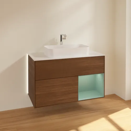 Bild von VILLEROY BOCH Finion Waschbeckenunterschrank, mit Beleuchtung, 2 Auszüge, 1000 x 603 x 501 mm, Walnut Veneer / Olive Matt Lacquer / Glass White Matt #G251GMGN