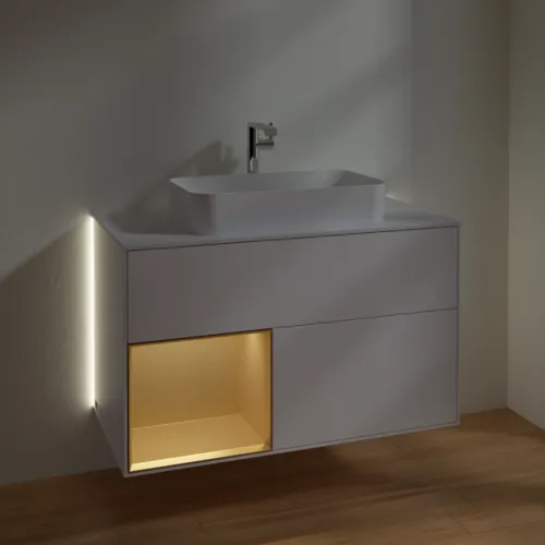 VILLEROY BOCH Finion Waschbeckenunterschrank, mit Beleuchtung, 2 Auszüge, 1000 x 603 x 501 mm, White Matt Lacquer / Gold Matt Lacquer / Glass White Matt #G241HFMT, Bild 3
