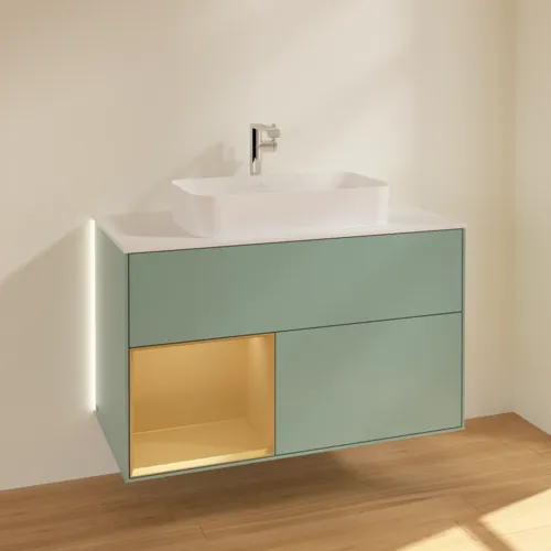 Obrázek VILLEROY BOCH Finion Vanity unit, with lighting, 2 pull-out compartments, 1000 x 603 x 501 mm, Olive Matt Lacquer / Gold Matt Lacquer / Glass White Matt #G241HFGM