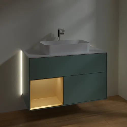Obrázek VILLEROY BOCH Finion Vanity unit, with lighting, 2 pull-out compartments, 1000 x 603 x 501 mm, Olive Matt Lacquer / Gold Matt Lacquer / Glass White Matt #G241HFGM