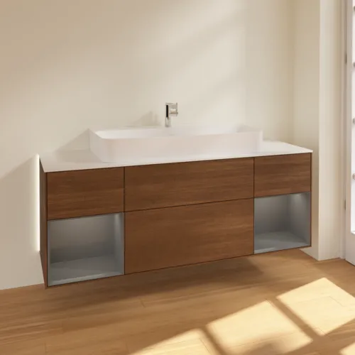 Obrázek VILLEROY BOCH Finion Vanity unit, with lighting, 4 pull-out compartments, 1600 x 603 x 501 mm, Walnut Veneer / Anthracite Matt Lacquer / Glass White Matt #G211GKGN