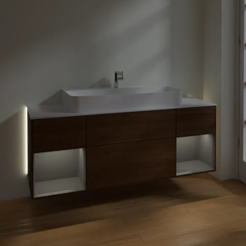 Obrázek VILLEROY BOCH Finion Vanity unit, with lighting, 4 pull-out compartments, 1600 x 603 x 501 mm, Walnut Veneer / Anthracite Matt Lacquer / Glass White Matt #G211GKGN